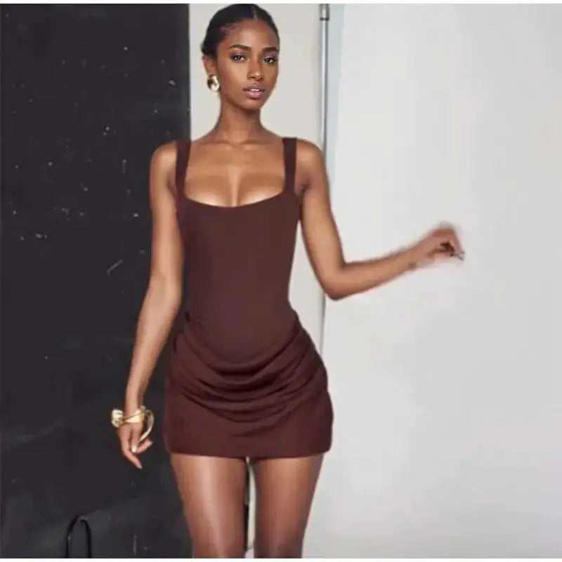Women Square-neck Halter Mini Dress Sexy Pleated Sleeveless Backless High Waist Bodycon Dresses 2026 New Fashion Party Robes by Dropshipman