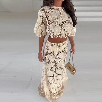 Flower Short Top Long Half Skirt Lady Set Round Neck Short Sleeve Tops High Waist Slim Maxi Skirts Sexy Fashion Women&