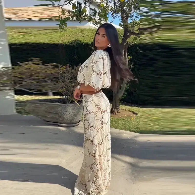 Flower Short Top Long Half Skirt Lady Set Round Neck Short Sleeve Tops High Waist Slim Maxi Skirts Sexy Fashion Women&