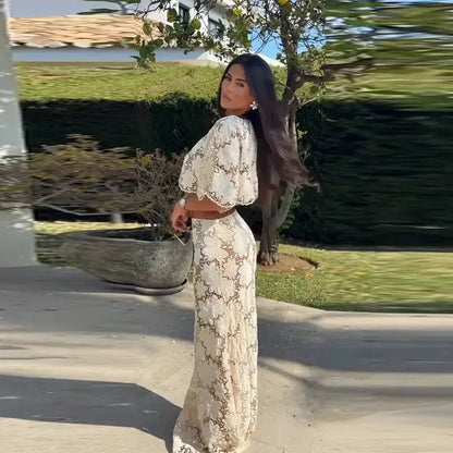 Flower Short Top Long Half Skirt Lady Set Round Neck Short Sleeve Tops High Waist Slim Maxi Skirts Sexy Fashion Women&