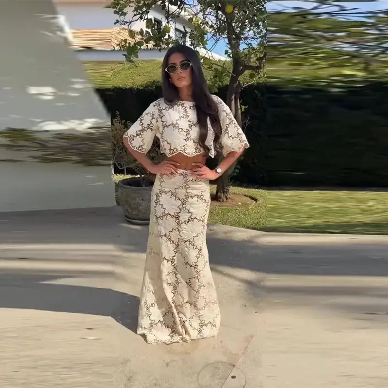 Flower Short Top Long Half Skirt Lady Set Round Neck Short Sleeve Tops High Waist Slim Maxi Skirts Sexy Fashion Women&