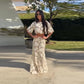 Flower Short Top Long Half Skirt Lady Set Round Neck Short Sleeve Tops High Waist Slim Maxi Skirts Sexy Fashion Women&