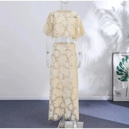 Flower Short Top Long Half Skirt Lady Set Round Neck Short Sleeve Tops High Waist Slim Maxi Skirts Sexy Fashion Women&