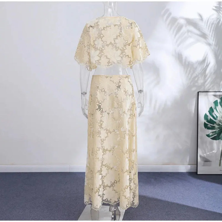 Flower Short Top Long Half Skirt Lady Set Round Neck Short Sleeve Tops High Waist Slim Maxi Skirts Sexy Fashion Women&