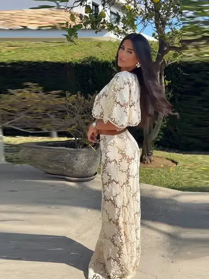 Flower Short Top Long Half Skirt Lady Set Round Neck Short Sleeve Tops High Waist Slim Maxi Skirts Sexy Fashion Women&