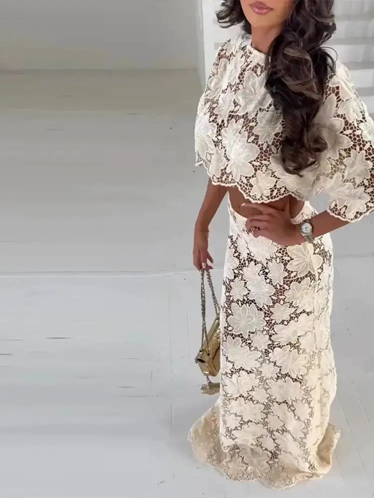 Flower Short Top Long Half Skirt Lady Set Round Neck Short Sleeve Tops High Waist Slim Maxi Skirts Sexy Fashion Women&