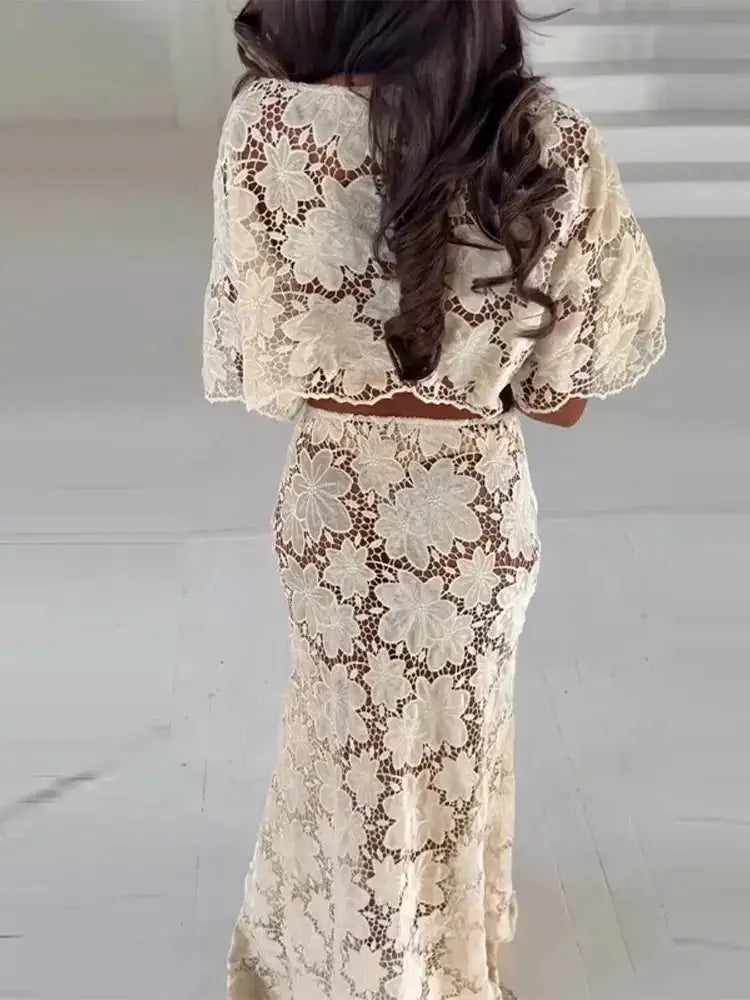 Flower Short Top Long Half Skirt Lady Set Round Neck Short Sleeve Tops High Waist Slim Maxi Skirts Sexy Fashion Women&