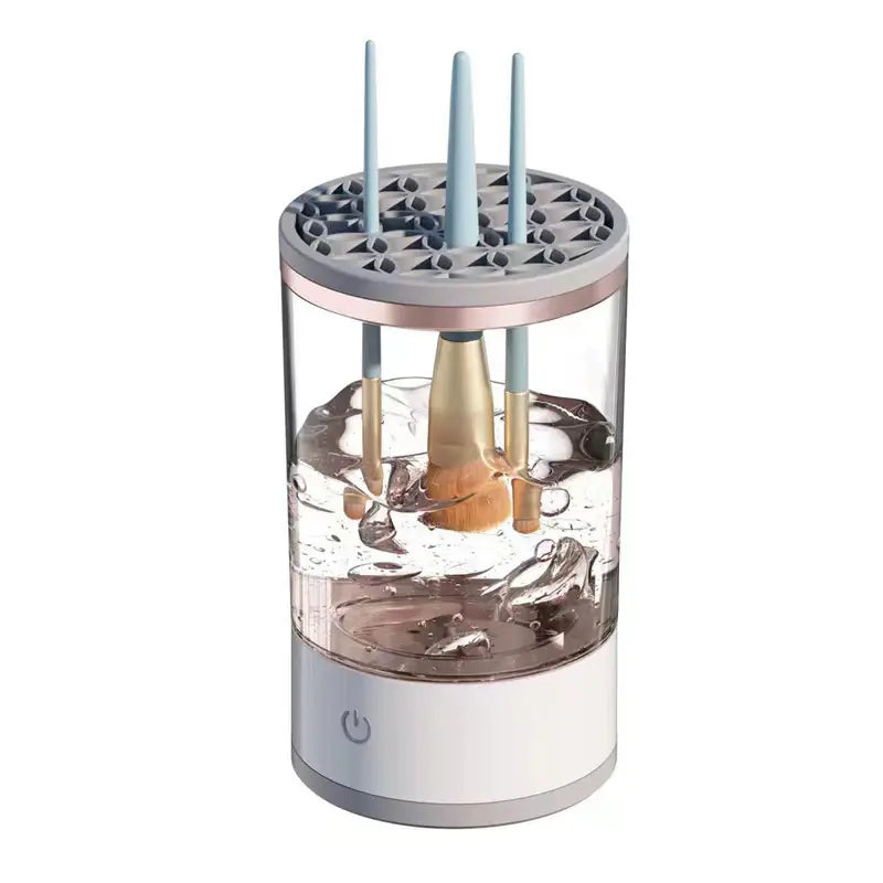 Rechargeable makeup brush cleaner in action, efficiently cleaning and drying brushes within seconds.