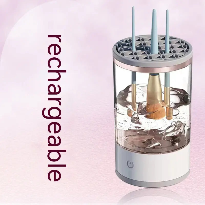 Rechargeable makeup brush cleaner with automatic cleaning and drying, featuring stylish design and efficient performance.