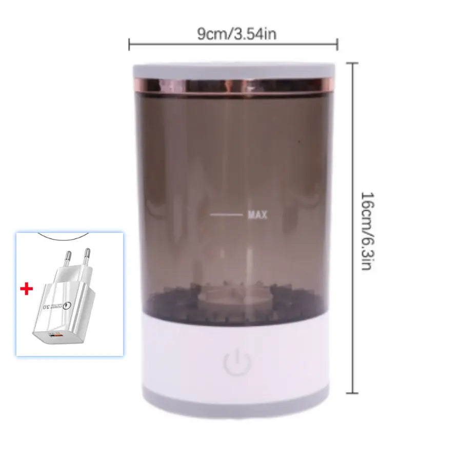 Black rechargeable makeup brush cleaner by SHOPEZRA L.L.C. with multiple brush cleaning attachments and digital controls.
