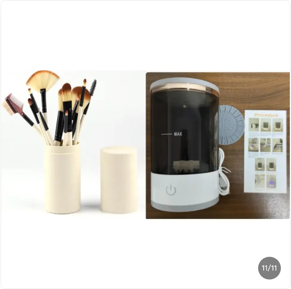 Black rechargeable SHOPEZRA L.L.C. makeup brush cleaner with multiple brush cleaning heads and digital controls.