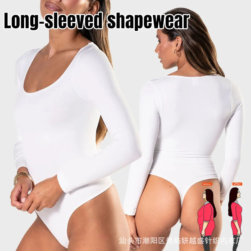 Black cross-border long-sleeved jumpsuit with tight top and thong design, seamless shapewear for women in plus size for autumn and winter.