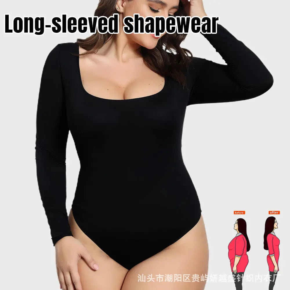 Black cross-border long-sleeved jumpsuit with a tight top, thong-style, plus size seamless shapewear for women in autumn and winter.