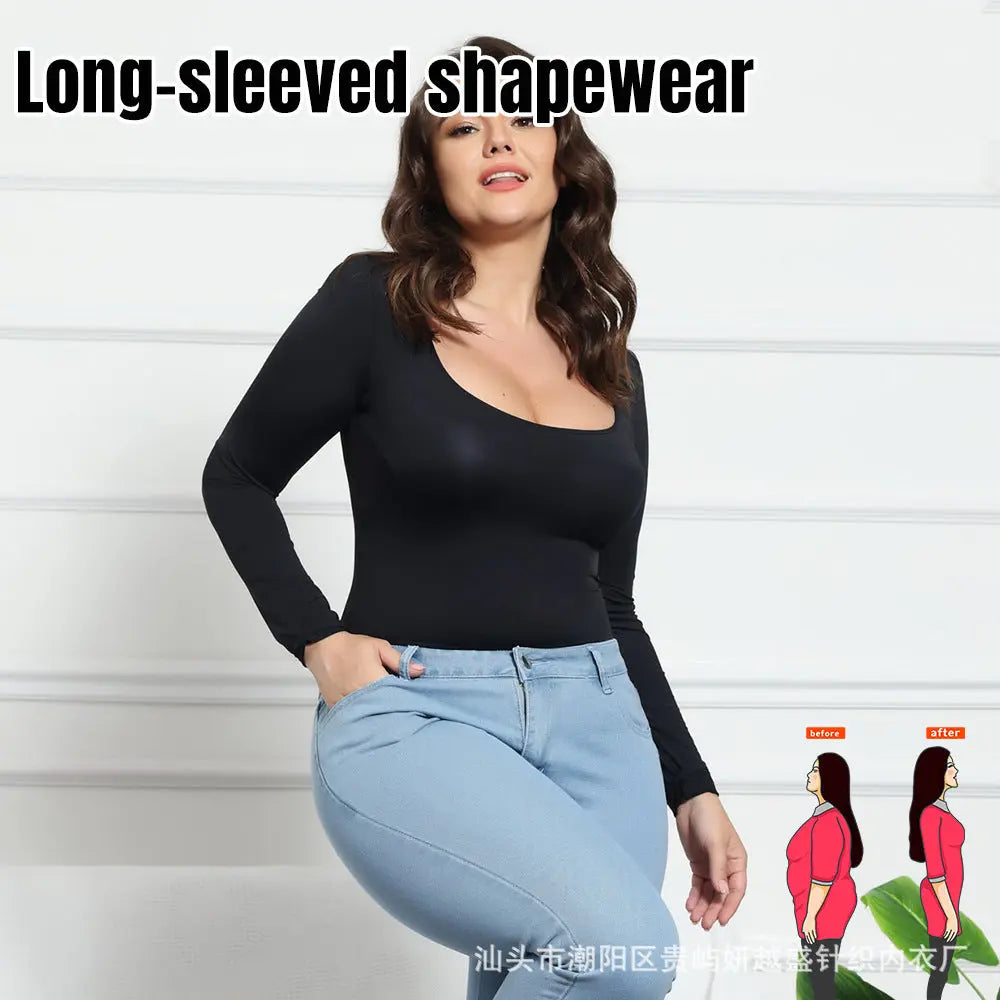 Black long-sleeved shapewear jumpsuit for women, seamless, plus size, tight fit, suitable for autumn and winter.