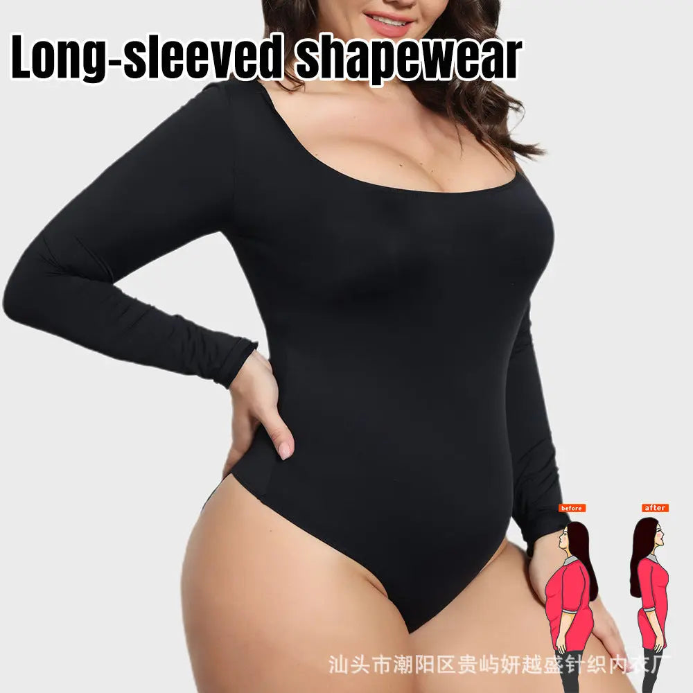 Black long-sleeved shapewear jumpsuit for women, seamless plus size tunic with tight fit for autumn and winter wear.