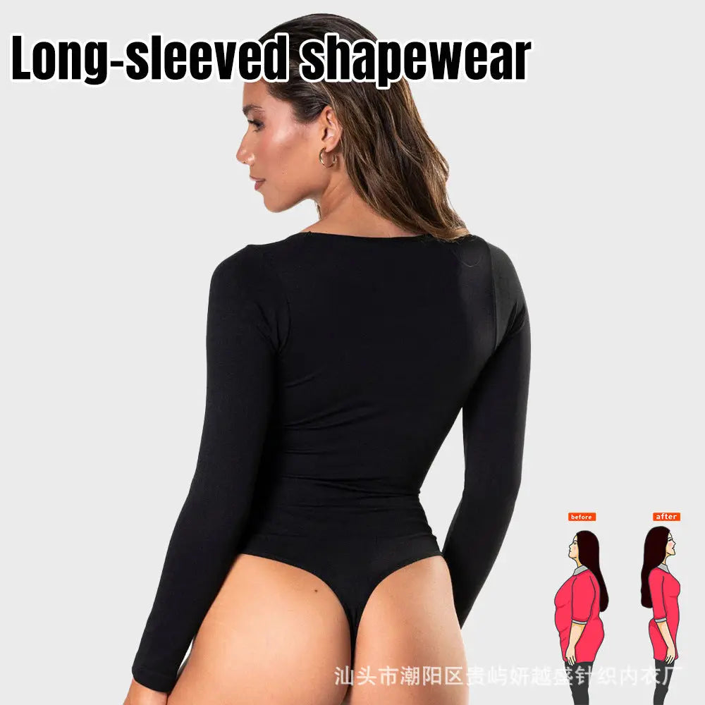 Black long-sleeved shapewear jumpsuit with thong design, plus size seamless tunic for autumn and winter, by SHOPEZRA L.L.C.