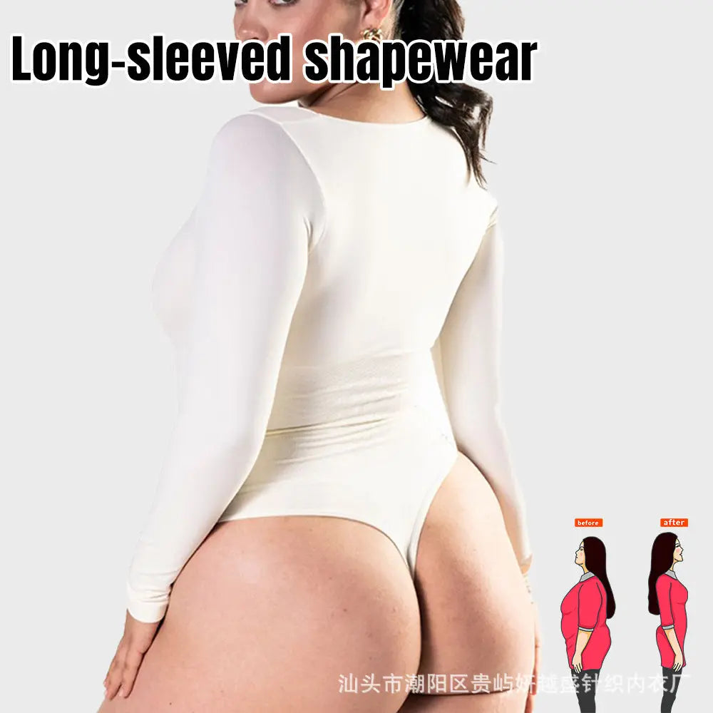 Black cross-border long-sleeved jumpsuit with tight fit, thong-style, seamless shapewear for women, suitable for plus size autumn and winter.