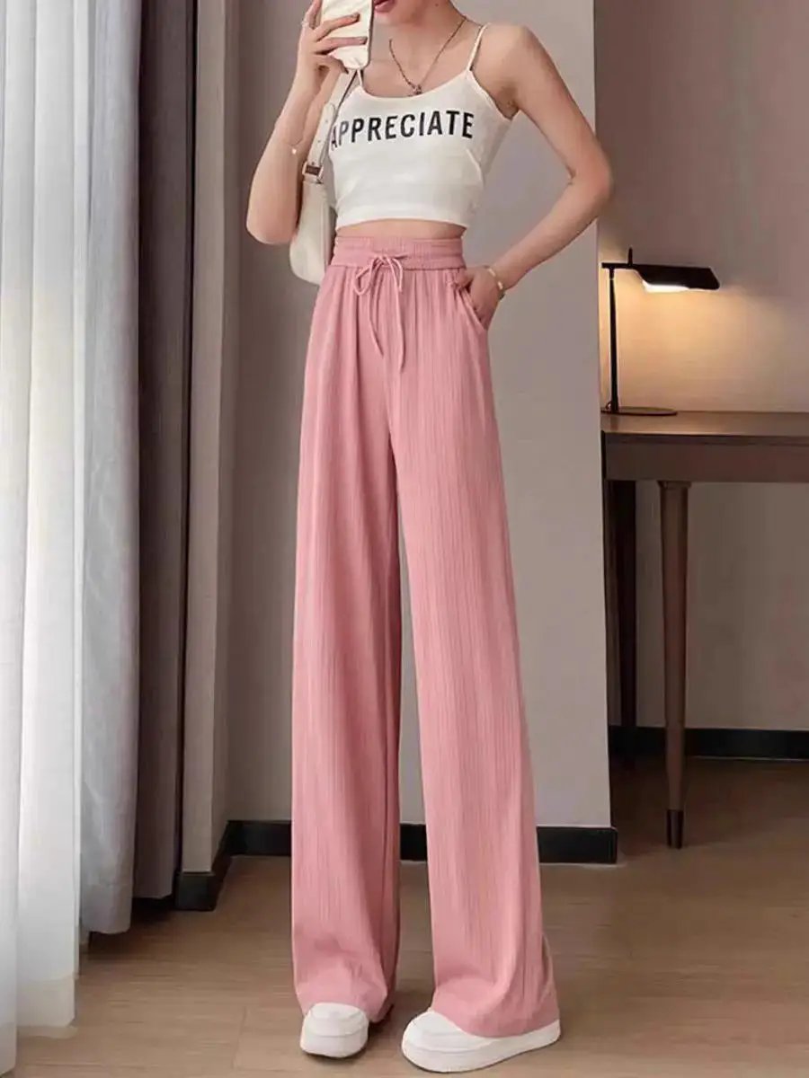 Ice Silk Wide-Leg Pants for Women, Summer Thin High-Waisted Drape Cool Mosquito-Proof Sun-Protective Casual Versatile Floor-Length Straight Pants by Dropshipman