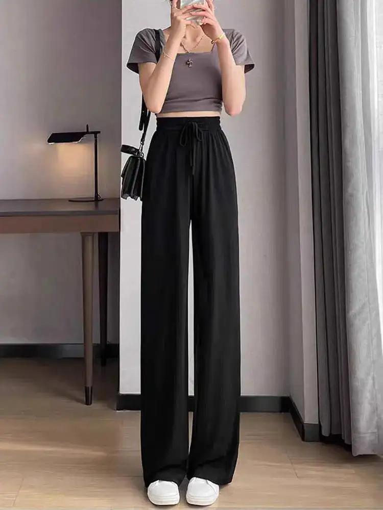 Ice Silk Wide-Leg Pants for Women, Summer Thin High-Waisted Drape Cool Mosquito-Proof Sun-Protective Casual Versatile Floor-Length Straight Pants by Dropshipman