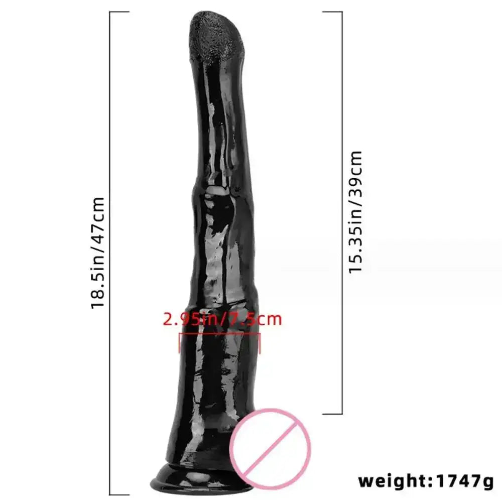 Black realistic super long horse dildo with suction cup, animal shape, suitable for G-spot and anal or vaginal stimulation for women and men.