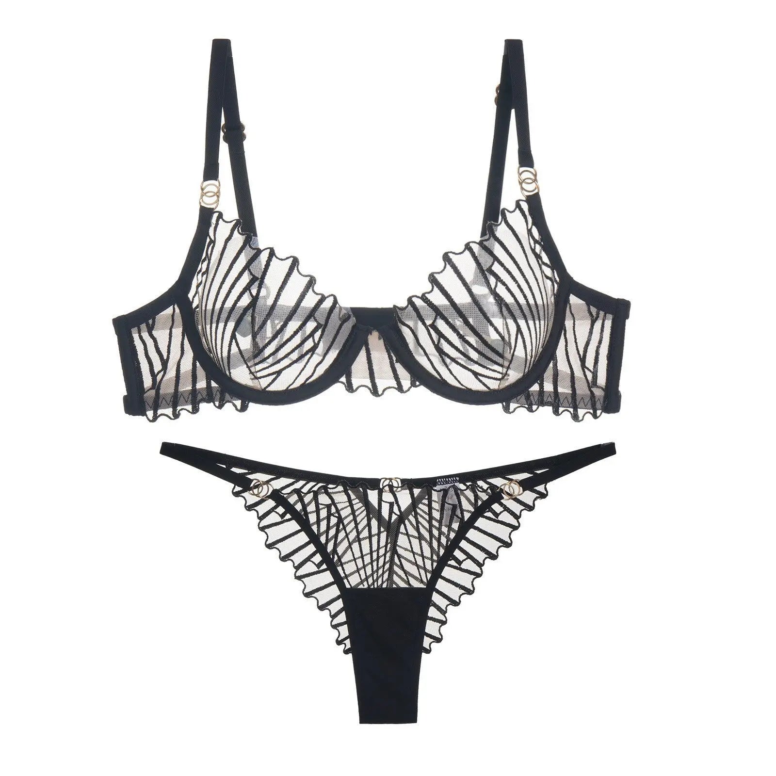 Black sexy lingerie set by SHOPEZRA L.L.C., featuring ultra-thin mesh embroidered bra and matching thong for plus-size and big chest.