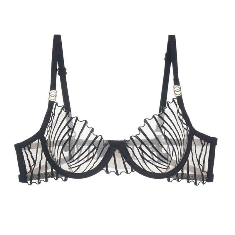 Black sexy lingerie set featuring ultra-thin mesh embroidery bra and thong, designed for plus sizes and big chests.
