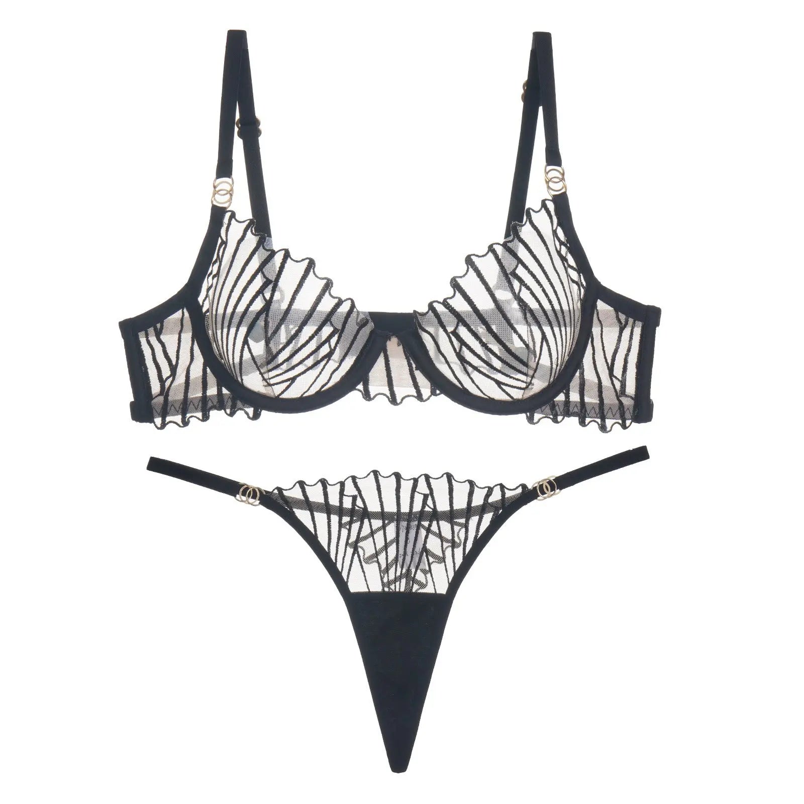 Black sexy lingerie set with ultra-thin mesh embroidered bra and thong, designed for plus size and big-chest women by Shopezra L.L.C.