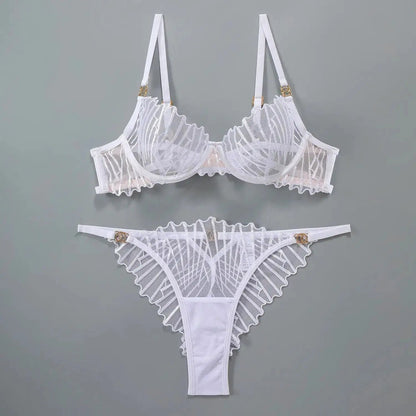 Cross-border sexy sexy lingerie French ultra-thin mesh embroidered bra underwear big chest small plus size underwear suit by Dropshipman