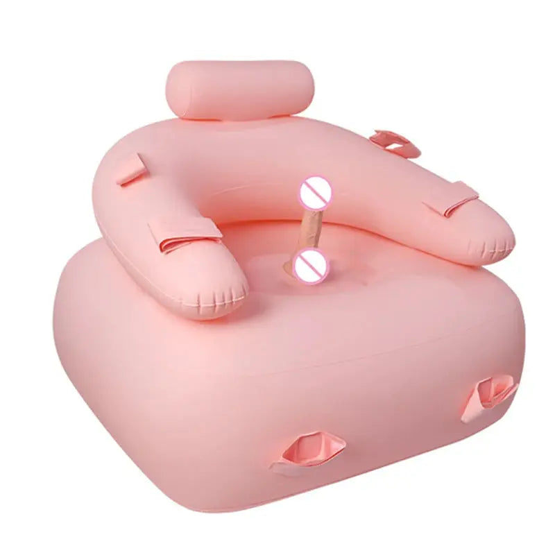 Black inflatable PVC sex sofa with dildo and pump, BDSM bondage gear, adult furniture, and sex toy for women.