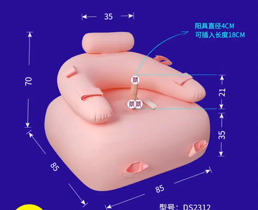 Black inflatable PVC sex sofa with dildo and pump, BDSM bondage furniture, designed for adult erotic play and women’s sex toys.
