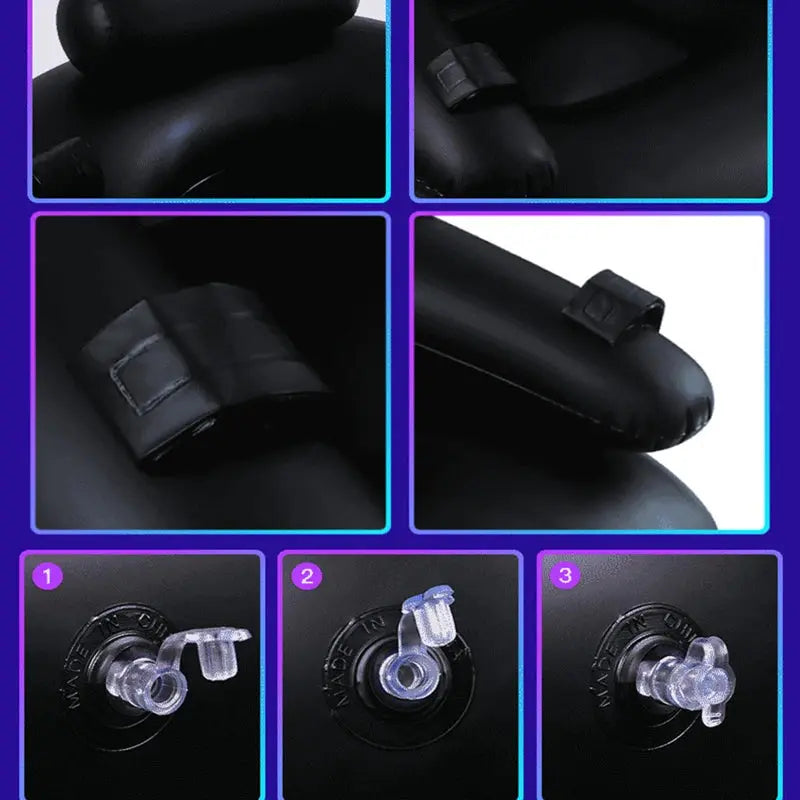 Black PVC inflatable sex sofa with dildo and pump, BDSM bondage furniture for adult erotic games and women’s sex toys.