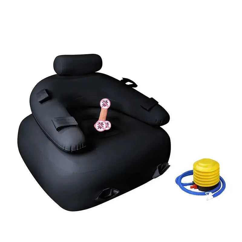 Black inflatable PVC sex sofa with dildo and pump, BDSM bondage furniture, adult toy, and erotic furniture for women.