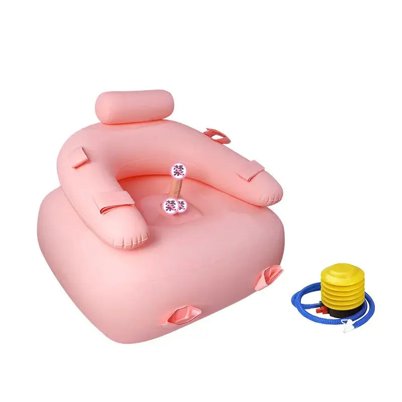 Black inflatable PVC sex sofa with dildo and pump, BDSM bondage gear, adult furniture for intimate play and erotic experiences.