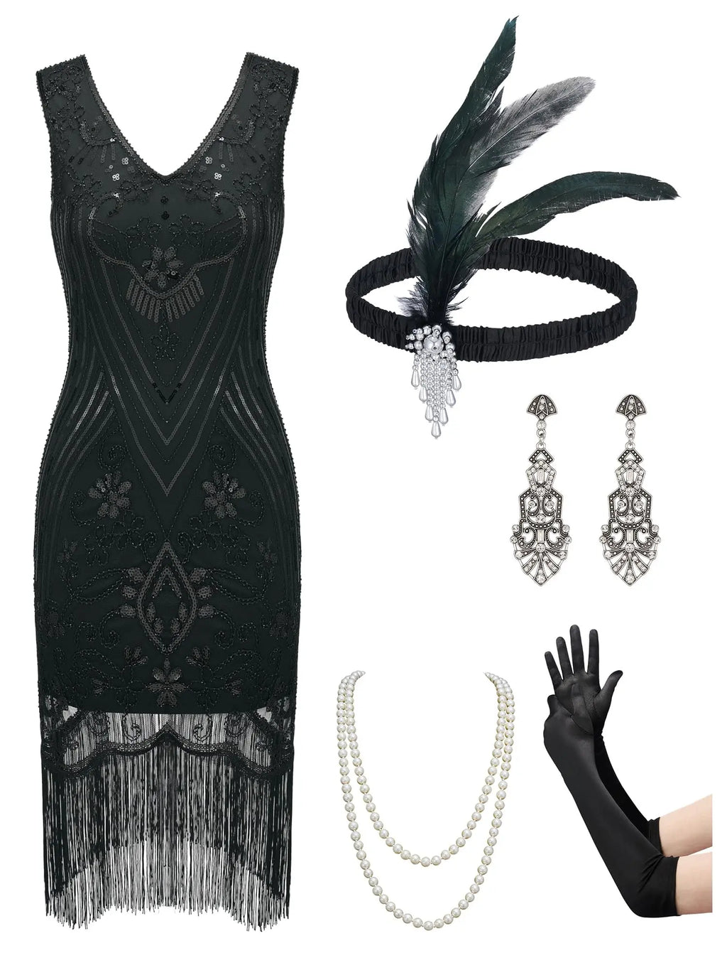 Gatsby flapper dress for women with accessories: black fringe dress, feather headband, earrings, pearl necklace, gloves.
