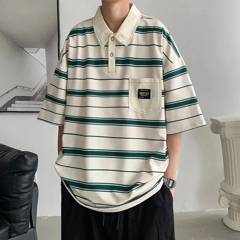 Black 2024 men's summer polo shirt by SHOPEZRA L.L.C., short-sleeved, round neck, loose fit, trendy Harajuku style.