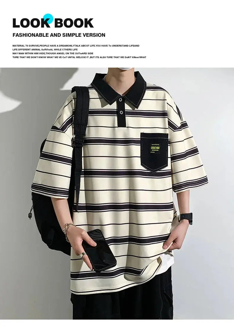2024 New Summer Men POLO Shirt Trend Loose Clothing Students Short-sleeved T Shirt Tops Round Neck Five-quarter Sleeve Harajuku SHOPEZRA L.L.C.