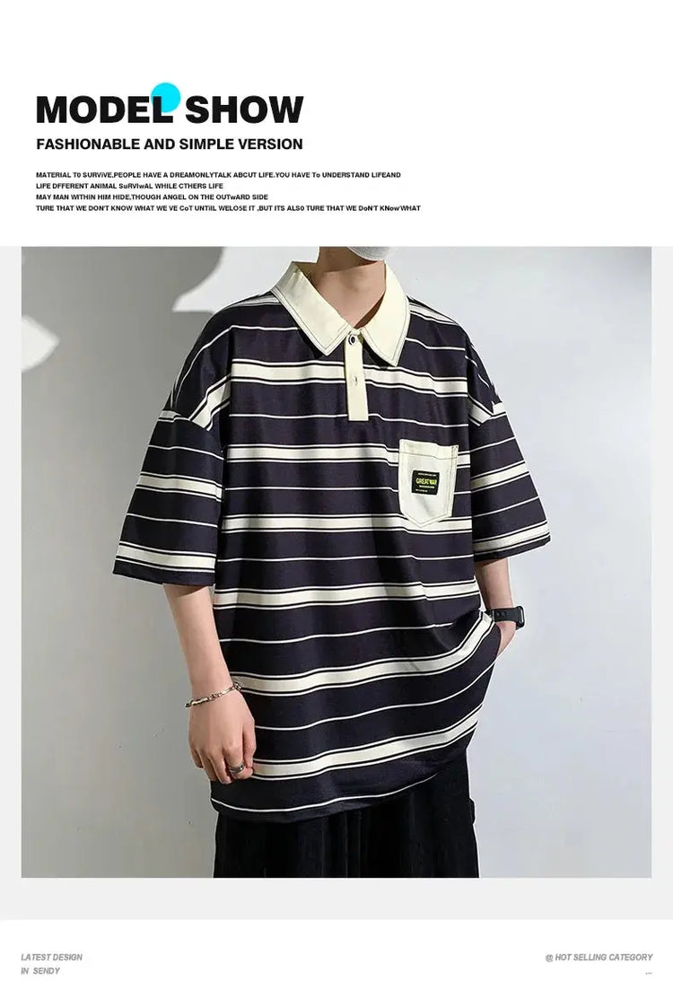 2024 New Summer Men POLO Shirt Trend Loose Clothing Students Short-sleeved T Shirt Tops Round Neck Five-quarter Sleeve Harajuku SHOPEZRA L.L.C.