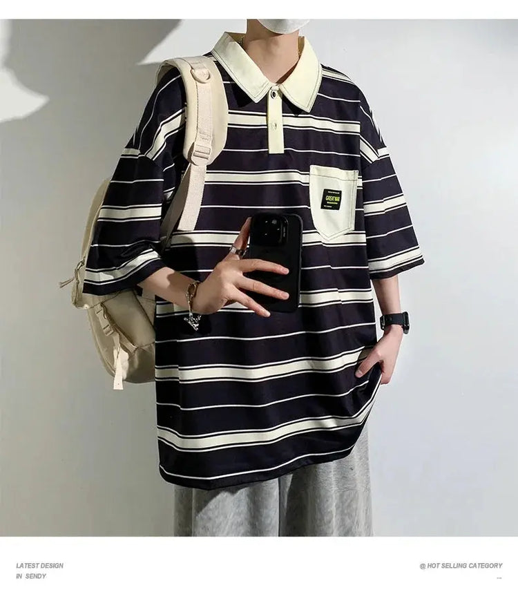 2024 New Summer Men POLO Shirt Trend Loose Clothing Students Short-sleeved T Shirt Tops Round Neck Five-quarter Sleeve Harajuku SHOPEZRA L.L.C.