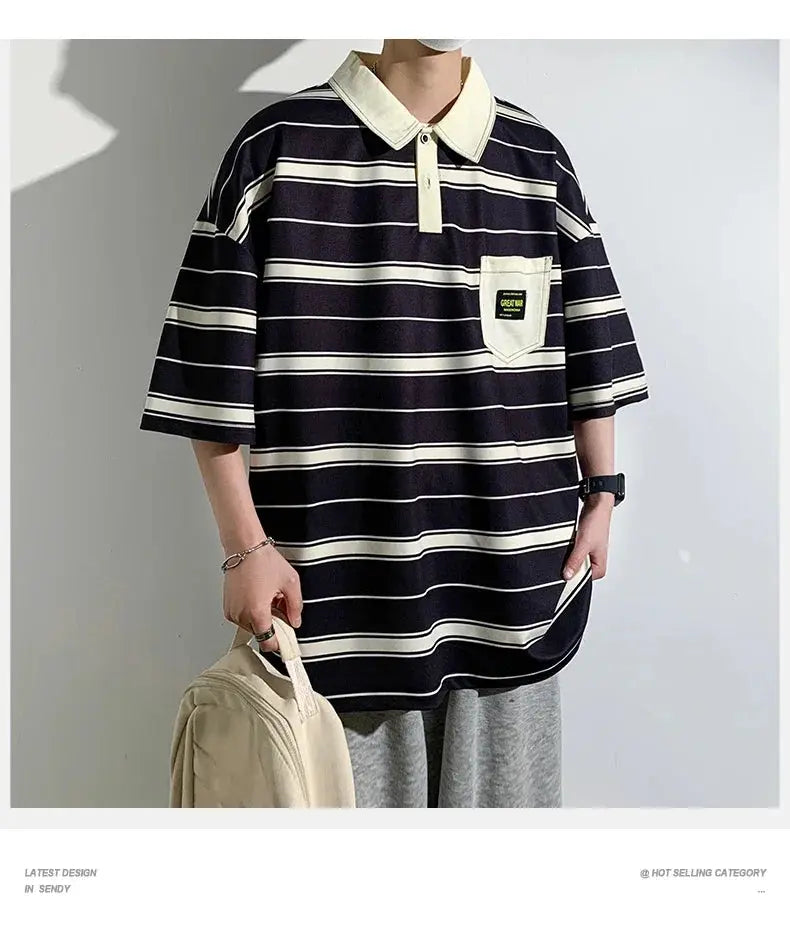 2024 New Summer Men POLO Shirt Trend Loose Clothing Students Short-sleeved T Shirt Tops Round Neck Five-quarter Sleeve Harajuku SHOPEZRA L.L.C.