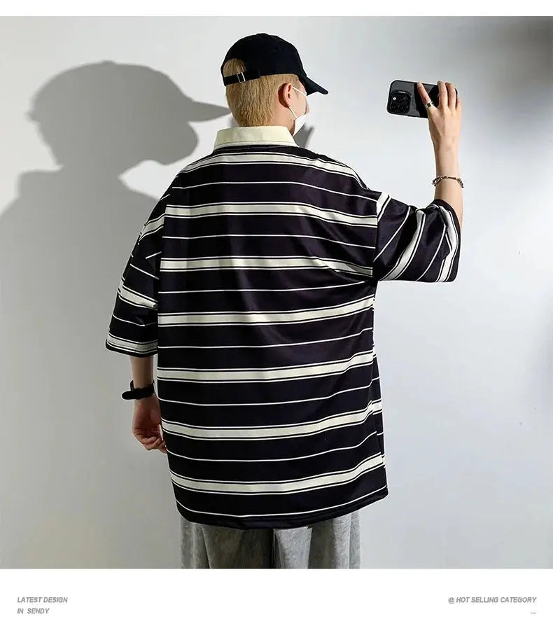 2024 New Summer Men POLO Shirt Trend Loose Clothing Students Short-sleeved T Shirt Tops Round Neck Five-quarter Sleeve Harajuku SHOPEZRA L.L.C.