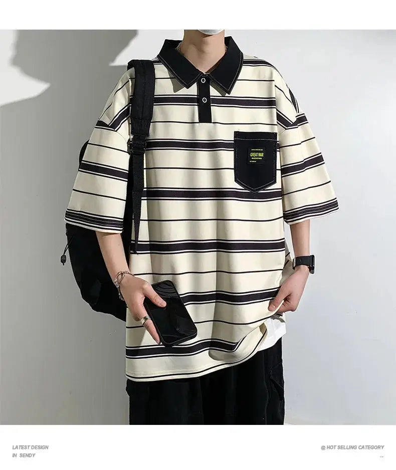 2024 New Summer Men POLO Shirt Trend Loose Clothing Students Short-sleeved T Shirt Tops Round Neck Five-quarter Sleeve Harajuku SHOPEZRA L.L.C.