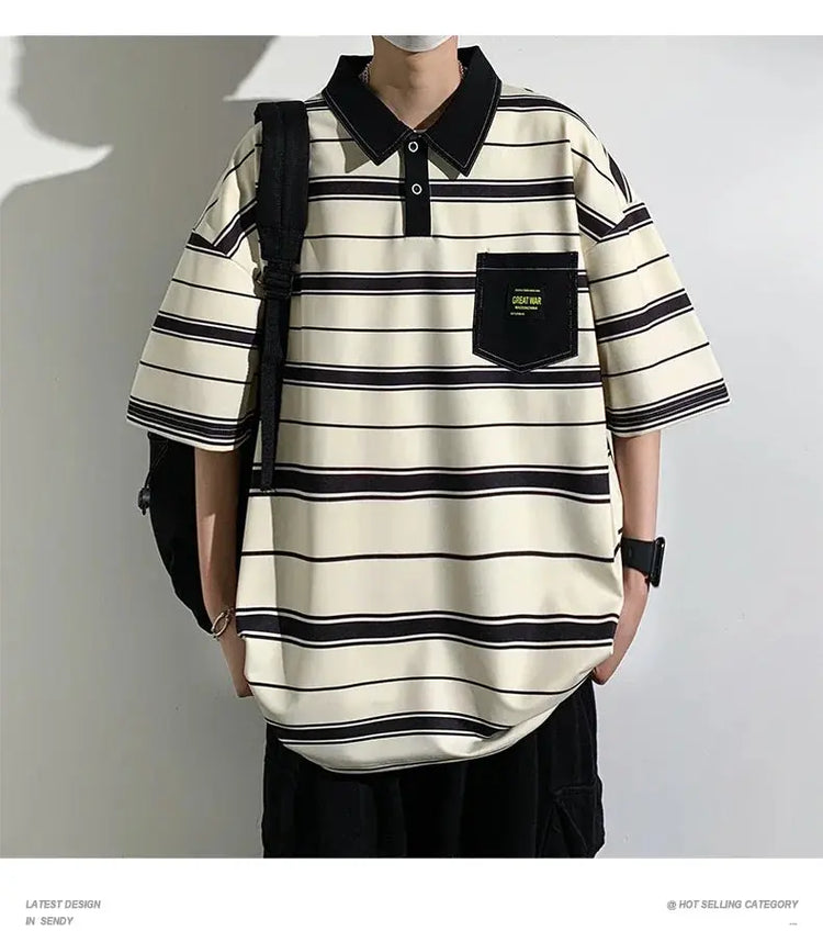 2024 New Summer Men POLO Shirt Trend Loose Clothing Students Short-sleeved T Shirt Tops Round Neck Five-quarter Sleeve Harajuku SHOPEZRA L.L.C.