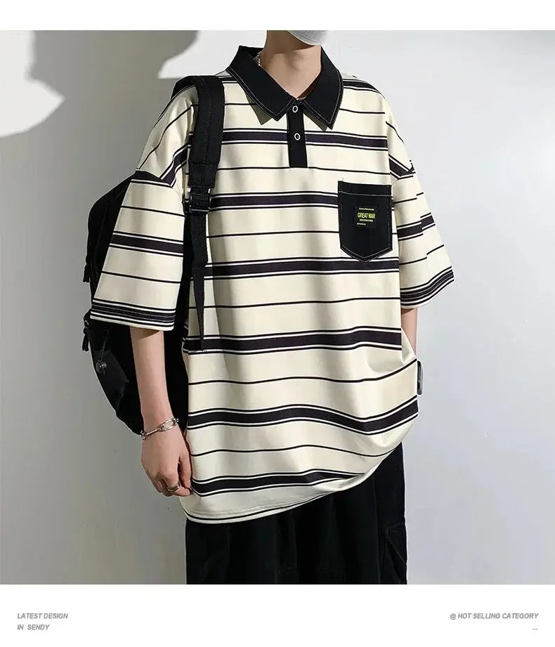 2024 New Summer Men POLO Shirt Trend Loose Clothing Students Short-sleeved T Shirt Tops Round Neck Five-quarter Sleeve Harajuku SHOPEZRA L.L.C.