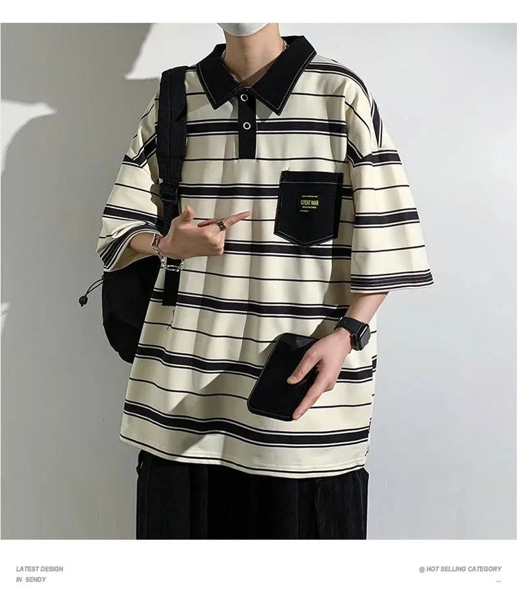 2024 New Summer Men POLO Shirt Trend Loose Clothing Students Short-sleeved T Shirt Tops Round Neck Five-quarter Sleeve Harajuku SHOPEZRA L.L.C.