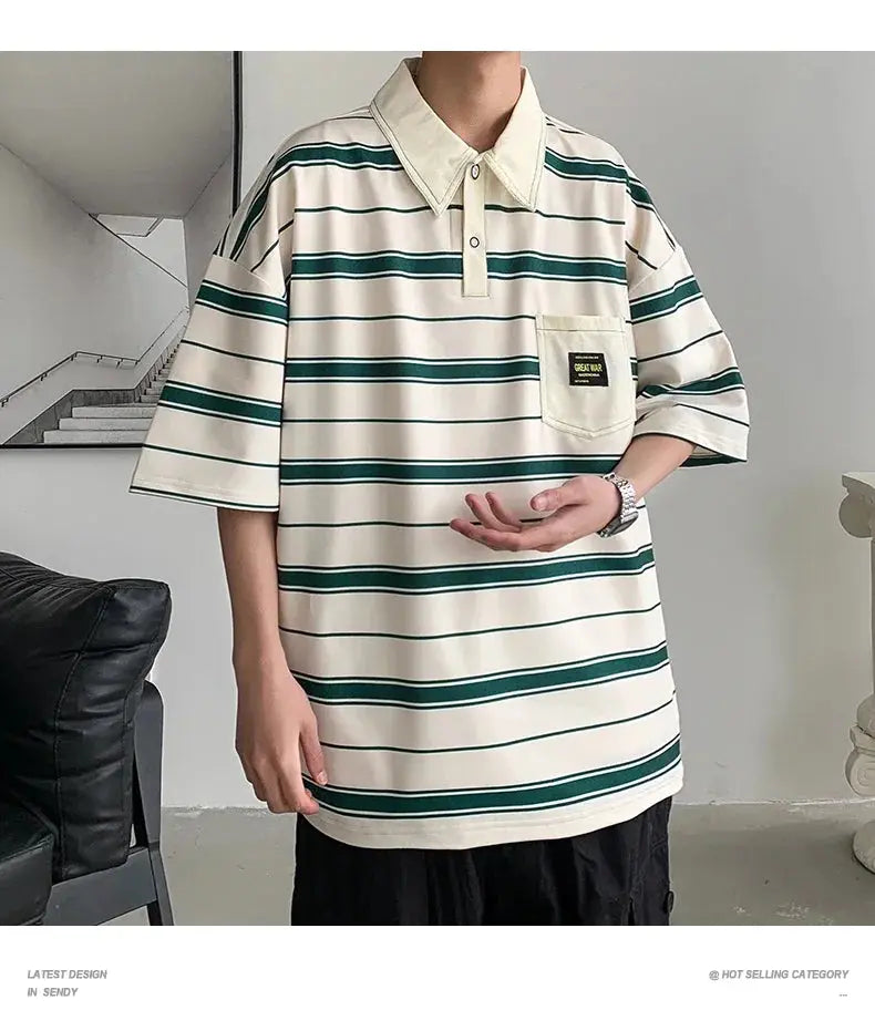 2024 New Summer Men POLO Shirt Trend Loose Clothing Students Short-sleeved T Shirt Tops Round Neck Five-quarter Sleeve Harajuku SHOPEZRA L.L.C.