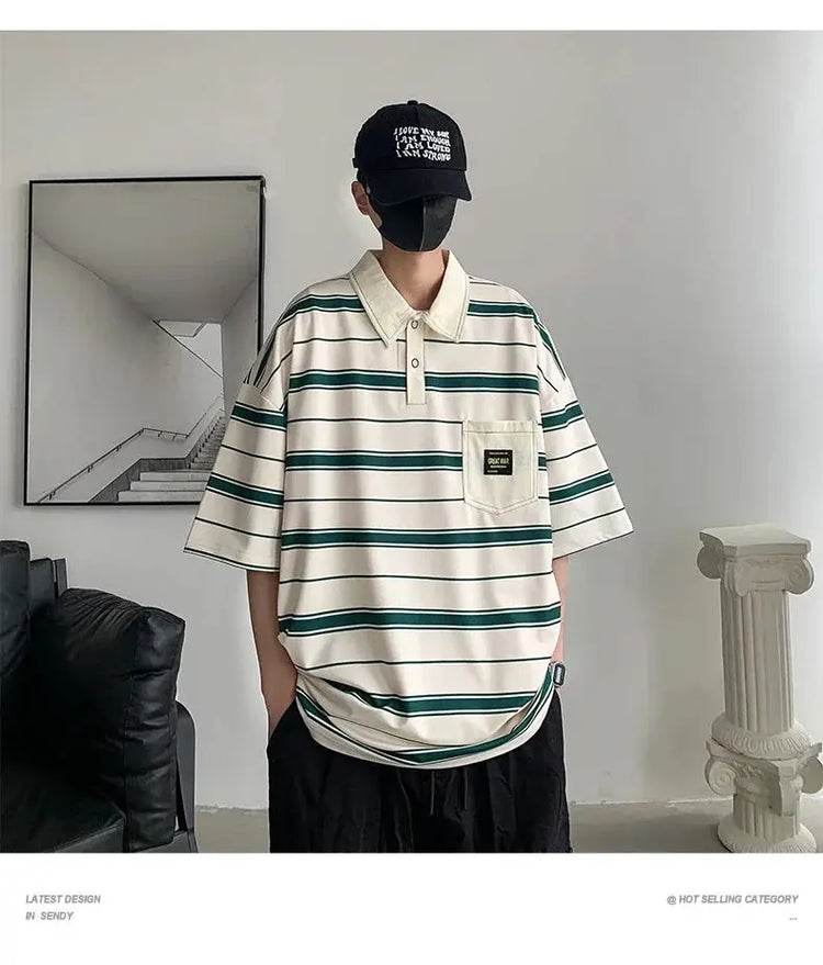 2024 New Summer Men POLO Shirt Trend Loose Clothing Students Short-sleeved T Shirt Tops Round Neck Five-quarter Sleeve Harajuku SHOPEZRA L.L.C.