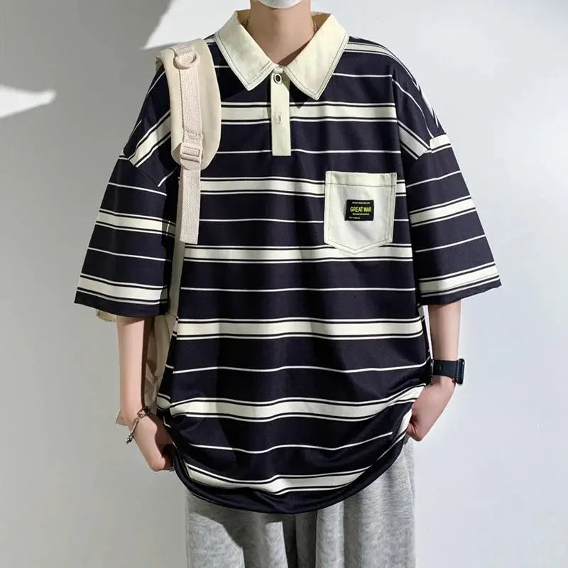 Black 2024 summer men's polo shirt by SHOPEZRA L.L.C., loose fit, short sleeves, round neck, casual Harajuku style.