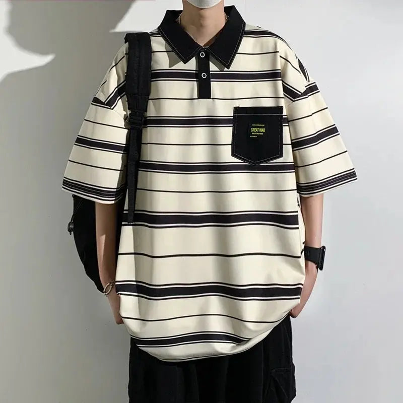 Black 2024 summer men's polo shirt by ShopeZra L.L.C. with short sleeves, round neck, loose fit, and trendy Harajuku style.