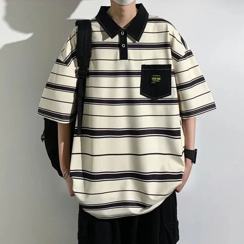 Black 2024 summer men's polo shirt by ShopeZra L.L.C. with short sleeves, round neck, loose fit, and trendy Harajuku style.