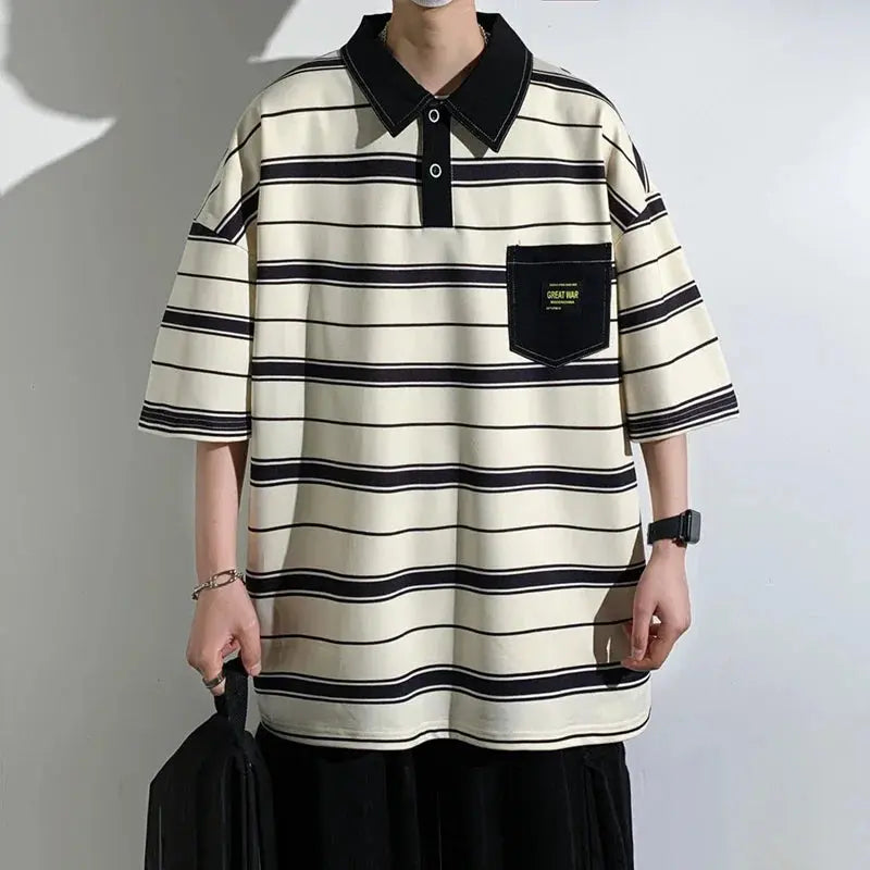 Black 2024 summer men's polo shirt from SHOPEZRA L.L.C. with short sleeves, round neck, and a loose, trendy fit.